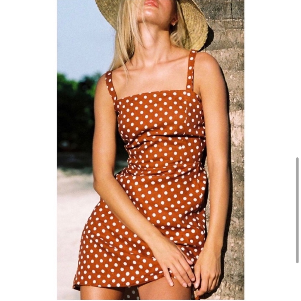 faithful the brand stepper cinnamon polka dot tie cutout dress